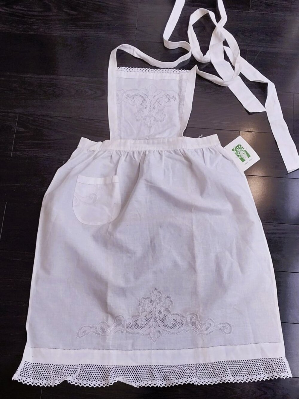 Vintage PAPER WHITE 1983 Linen Blend Battenburg Lace Apron Ivory Embroidered